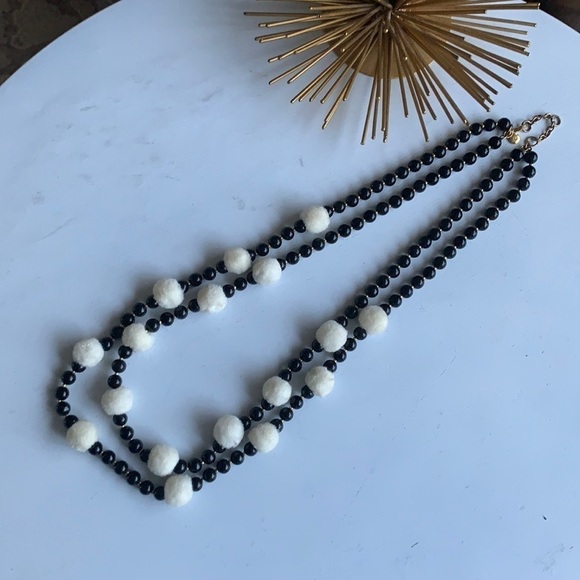 J Crew Pom Pom Necklace Wooden Beads‎ bohemian festive black beige gold - Picture 1 of 7